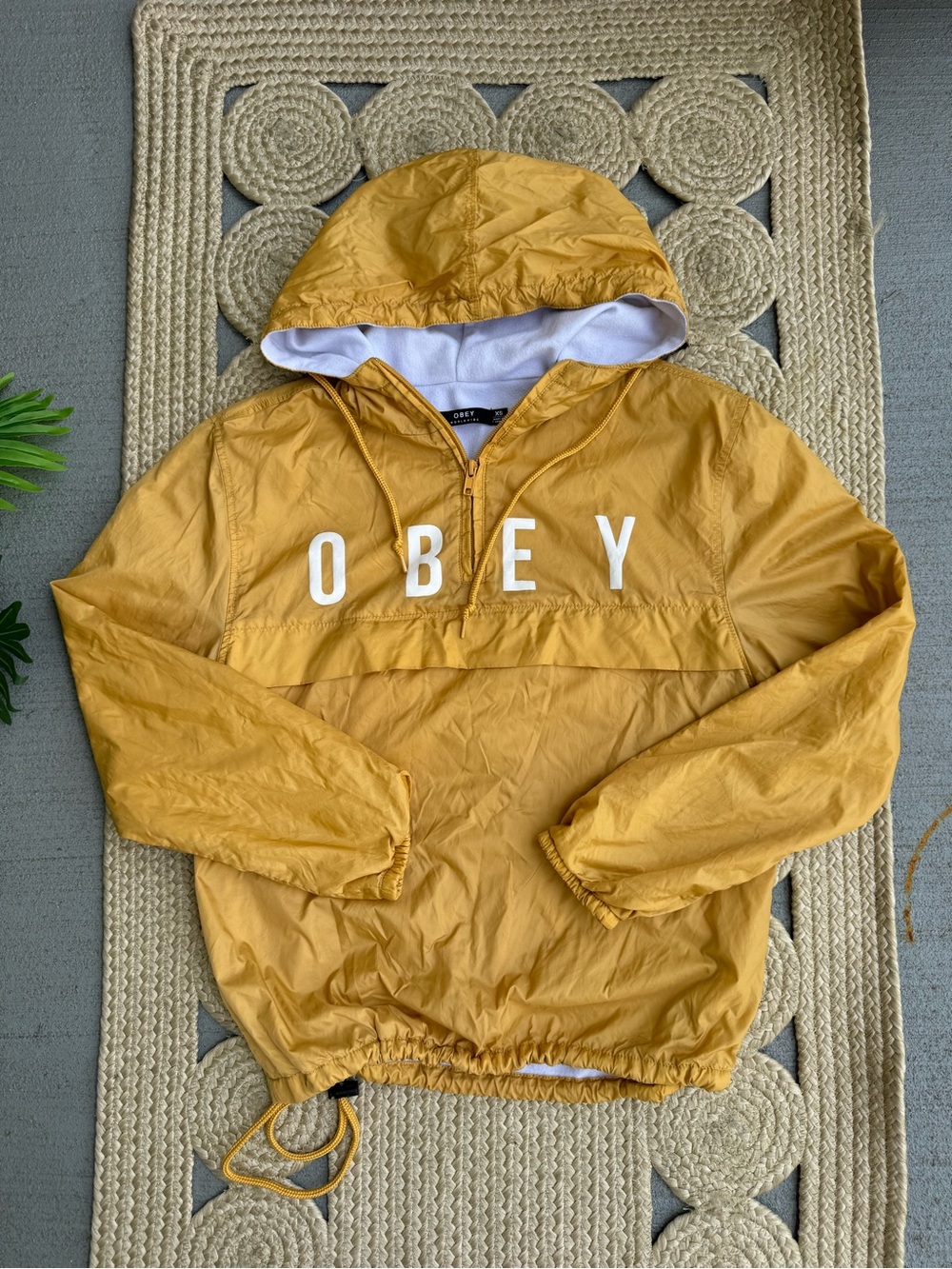 Obey worldwide mustard yellow anorak pullover hooded windbreaker jacket women’s